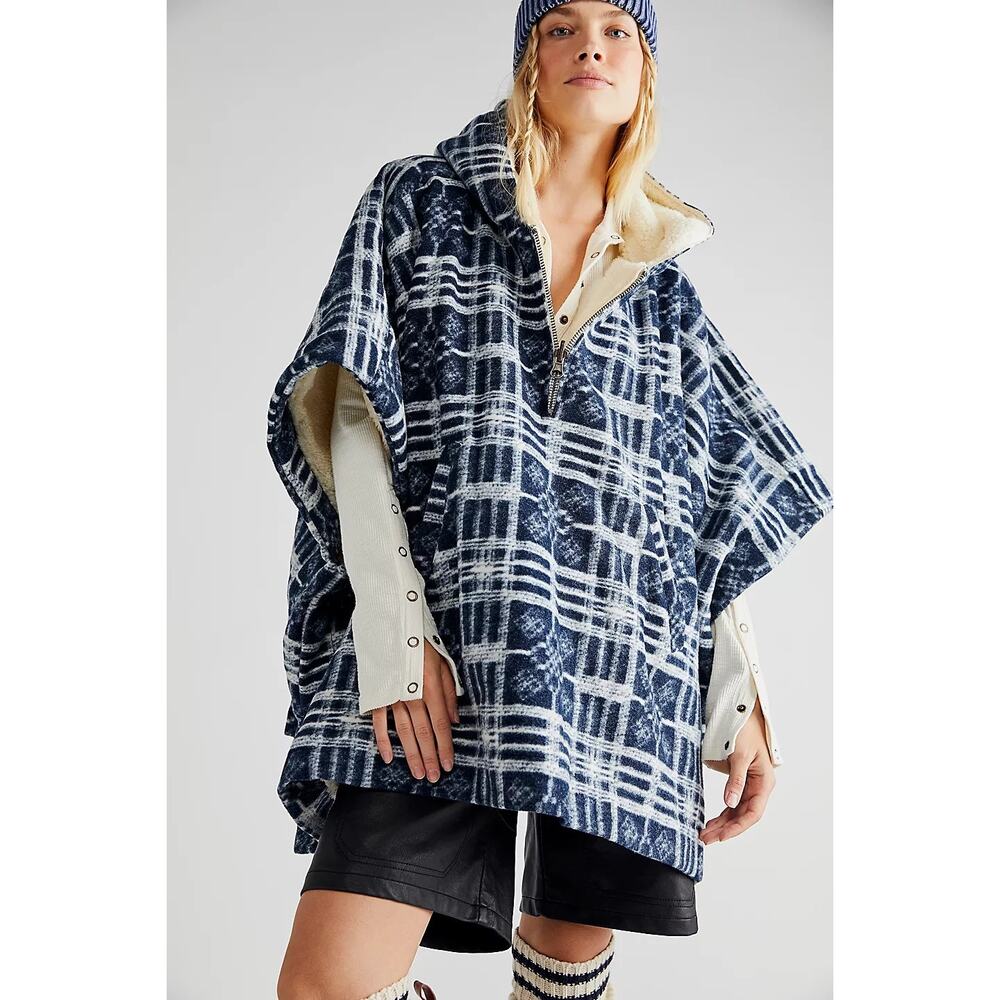 NWT Free People Miss You Hooded Poncho SLOUCHY Plaid OVERSIZED $198 XS/S Blue